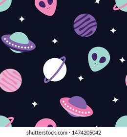 Universe With Planets And Aliens Seamless Pattern. Vector Illustration