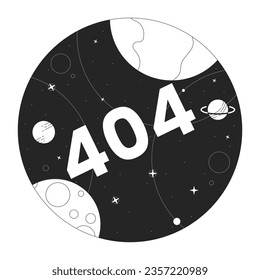 Universe with planets black white error 404 flash message. Celestial body. Monochrome empty state ui design. Page not found popup cartoon image. Vector flat outline illustration concept