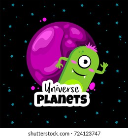 Universe planets. Space concept with cute ufo alien. Vector illustration