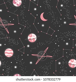 Universe with planets and stars seamless pattern, cosmos starry night sky, vector illustration