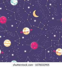 Universe with planets and stars seamless pattern, cosmos starry night sky, vector illustration