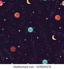 Universe with planets and stars seamless pattern, cosmos starry night sky, vector illustration