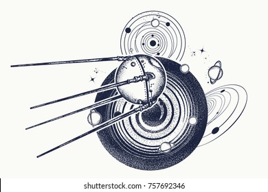 Universe research. Symbol of space expedition, science, future, research of solar system. Sputnik tattoo. Space ship t-shirt design 