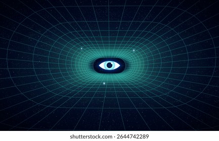 Univers Rétro Futuriste 80's Background 4K. Synthwave filaire néon réseau. Abstrait, arrière-plan numérique. 80s, 90s futurisme rétro, Retro vague cyber surfaces avec un oeil de surveillance. Style Rétrowave