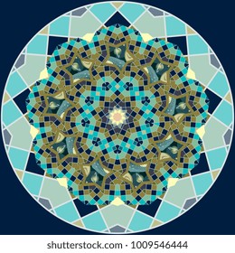 Universe round pattern. Quasicrystal in the shape of flower mandala with sun, stars, moon and planets. Print for ceiling. Vector design.