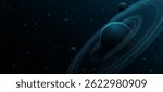 Universe science background. 3D Planet Saturn with ring around and swirling other planets. Abstract starry sky. Solar system concept. Scientific presentation backdrop. Vector illustration