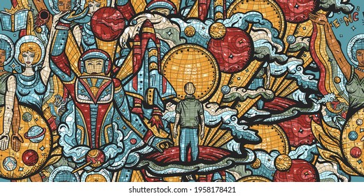 Universe. Seamless pattern. Multicultural people study of deep space. Space program of America and China. Retro Soviet Union mosaic background. Astronaut, spacecraft, scientists and dreamer 