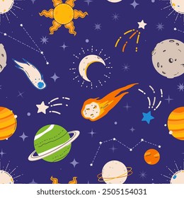 Universe seamless pattern. Planets sun moon constellations and stars. Abstract space objects and meteorit. Childish textile print, wrapping vector design