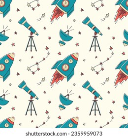 Universe seamless pattern with rocket, constellation, telescope, planet, radio telescope, stars in doodle style. Cosmos Vector colourful line sketch pattern