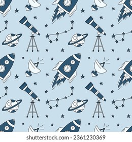 Patrón uniforme sin fisuras con cohete, constelación, telescopio, planeta, radiotelescopio, estrellas en forma de doodle. Patrón de dibujo de línea monocromo de Cosmos Vector