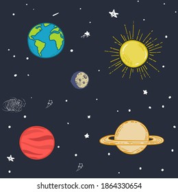 Universe seamless pattern vector illustration. Cartoon galaxy with comets, asteroids, stars, sun, moon, earth , planets