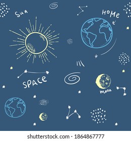 Universe nahtlose Muster, Vektorgrafik. doodle Cartoon Galaxie mit Kometen, Asteroiden, Sternen, Sonne, Mond, Erde, Planeten