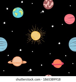 Universe seamless pattern vector illustration. Cartoon galaxy with comets, asteroids, stars, sun, moon, earth , planets