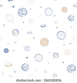 Universe seamless pattern vector illustration. doodle Cartoon galaxy with comets, asteroids, stars, sun, moon, earth , planets on white.