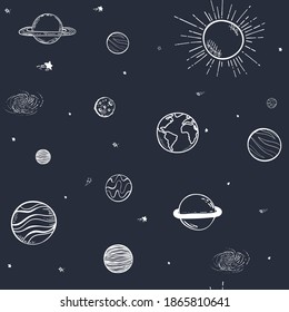 Universe seamless pattern vector illustration. doodle Cartoon galaxy with comets, asteroids, stars, sun, moon, earth , planets