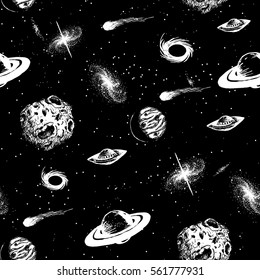 Universe seamless pattern vector illustration. Cartoon galaxy with comets, asteroids, stars, planets and ufo