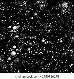 Universe sky star night pattern. Galaxy space background. Starry vector. Dark abstract cosmos seamless illustration. Black texture with moon, nebula, zodiac constellation. Sketch universe pattern