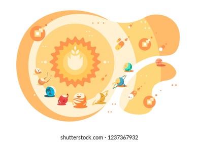 Universe and solar system flat style concept. Set of cartoon planets around sun earth saturn mars mercury neptune uranus venus and jupiter vector illustration