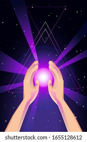 The universe of the soul. Hands holding a shining ball on a cosmic starry background. Astrology, astronomy, psychology. sacred meaning of mystical occultism. vector illustration