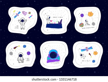 Universe Space astronaut nature Star cutout sticker set moon satellite travel cosmos astronomy graphic design typography element. Hand written postcard. Cute simple vector paper collage style