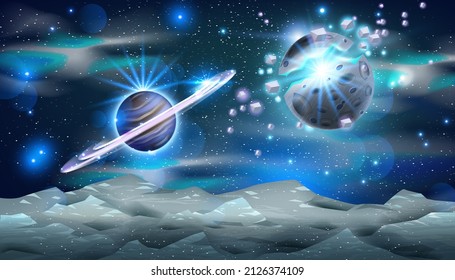 Universe space background, alien planet explosion, vector galaxy cosmic sky illustration, asteroid, stars. Neon flare, Saturn, dark blue astronomy futuristic game banner. Space background rock surface