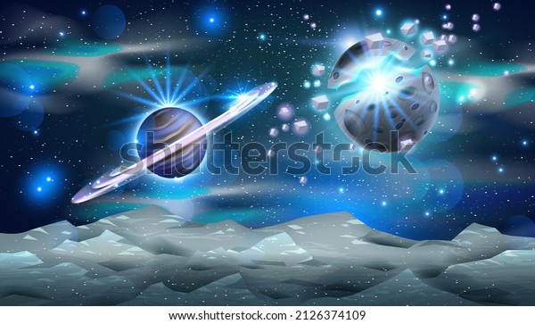 Universe space background, alien planet\
explosion, vector galaxy cosmic sky illustration, asteroid, stars.\
Neon flare, Saturn, dark blue astronomy futuristic game banner.\
Space background rock\
surface