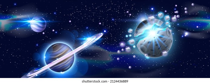 Universe space background, vector galaxy cosmic sky illustration, alien planet explosion, asteroid, stars. Dark blue astronomy futuristic game banner, neon flare, Saturn. Space planetary background