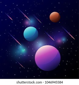 Universe, space with colorful planet and meteor above dark sky, galaxy and stars.