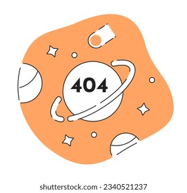 Universe and space exploration black white error 404 flash message. Planet and satellites monochrome empty state ui design. Page not found popup cartoon image. Vector flat outline illustration concept