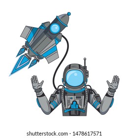 universe space galaxy astronomy science, astronaut with rocket cartoon vector illustration graphic design