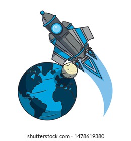 universe space galaxy astronomy science spaceship rocket taking off from planet cartoon vector illustration graphic design vector illustration graphic design