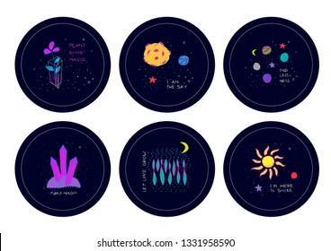 Universe Space nature Star cutout circle sticker set moon travel cosmos astronomy inspiration graphic design typography element. Hand written postcard. Cute simple vector paper collage style