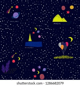 Universe Space nature Star seamless pattern moon balloon travel cosmos astronomy inspiration graphic design typography element. Hand written postcard. Cute simple vector paper cutout collage style