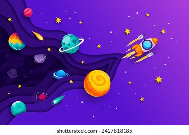 Universe space paper cut banner with rocket and galaxy planets, cartoon vector background. Rocket launch start up in outer space adventure to galactic stars in sky with paper cut planets and asteroids