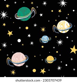 UNIVERSE SPACE PLANET GALAXY STARS ALL OVER PRINT SEAMLESS PATTERN VECTOR ILLUSTRATION