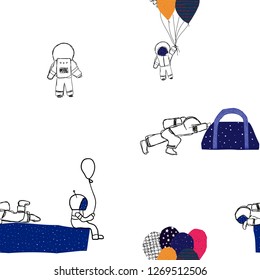 Universe Space Planet Star astronaut balloon seamless pattern moon travel cosmos astronomy graphic design typography element. Hand written postcard. Cute simple vector paper cutout collage