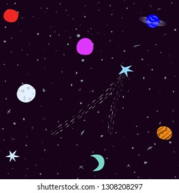 Universe Space Planet Star astronaut seamless pattern moon rainbow travel cosmos astronomy graphic design typography element. Hand written postcard. Cute simple vector paper cutout collage - Vector