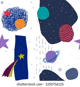 Universe Space Planet Star seamless pattern moon romantic travel cosmos astronomy inspiration graphic design typography element. Hand written postcard. Cute simple vector paper cutout collage style