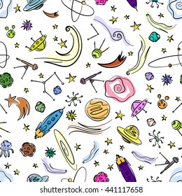 universe spaceship planet seamless pattern background red blue yellow pink neon green vector