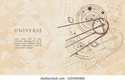 Universe. Sputnik space ship. Symbol of space expedition, research of solar system. Renaissance background. Medieval manuscript, engraving art 