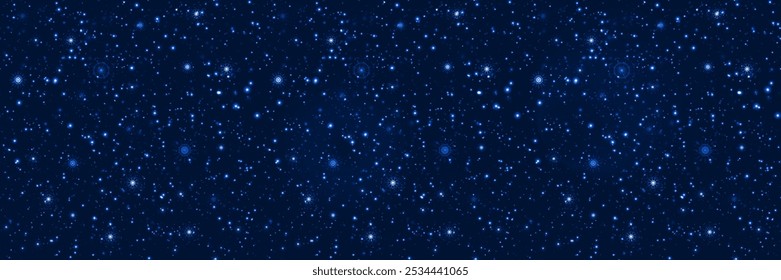 Universe starlight background vector illustration. Night starry sky wallpaper. Dark winter abstract template banner. Stars and snowflakes wallpaper for fairy, cosmic space design, wintery decoration