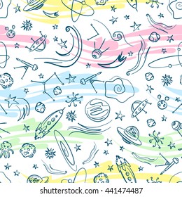 universe stars comet spaceship asteroid planet seamless pattern background red blue yellow pink vector