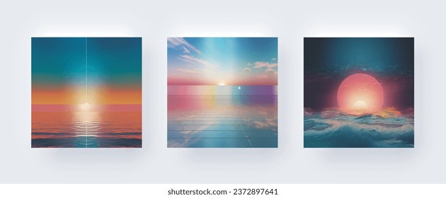 Universe Stars Retro Album Covers, Wall Art Poster of Earth and Sea mit Blau, Gelb, Orange in the Style of Light Aquamarine and Pink, Minimalist Stage Designs