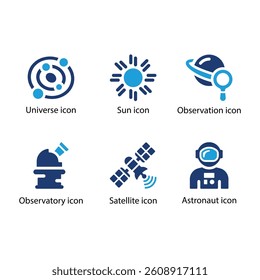 Universe, Sun, Observation, Observatory, Satellite, Astronaut, Blue Icon Set