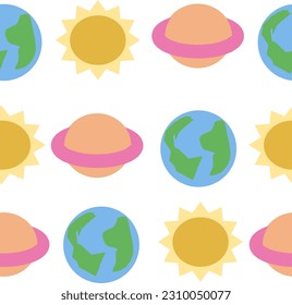 Universe with sun, star, earth and planets on white background seamless repeat pattern design for fabric printing or wallpaper for child or science classroom 