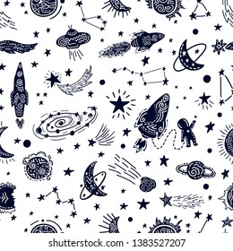 Universe texture design. Stylized night sky seamless pattern with stars, constellations, planets, ufo, rockets, sputnik, comets and other space elements. Hand drawn vector background.