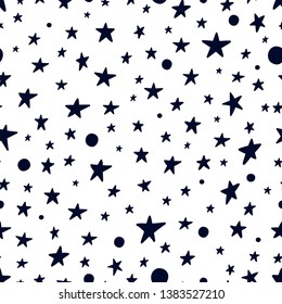 Universe texture design. Stylized night sky seamless pattern with shining stars and planets. Hand drawn vector background. Kids nursery print, wall art, childish design.