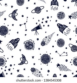 Universe texture design. Stylized night sky seamless pattern with shining stars, constellations, planets, telescope, rockets, sputnik, comets and other space elements. Hand drawn vector background.