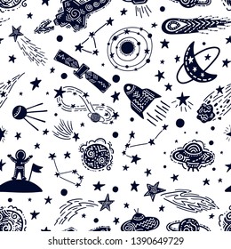 Universe texture design. Stylized night sky seamless pattern with stars, constellations, planets, ufo, rockets, sputnik, comets, astronaut and other space elements. Hand drawn vector background.