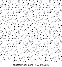Universe texture design. Stylized night sky seamless pattern with shining stars and constellations. Hand drawn vector background. Kids nursery print, wall art, childish design.